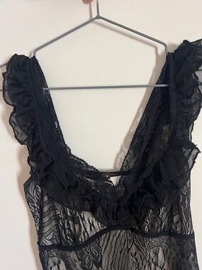 Black Lace Sheer V-Neck Chemise Slip - Women's Intimates